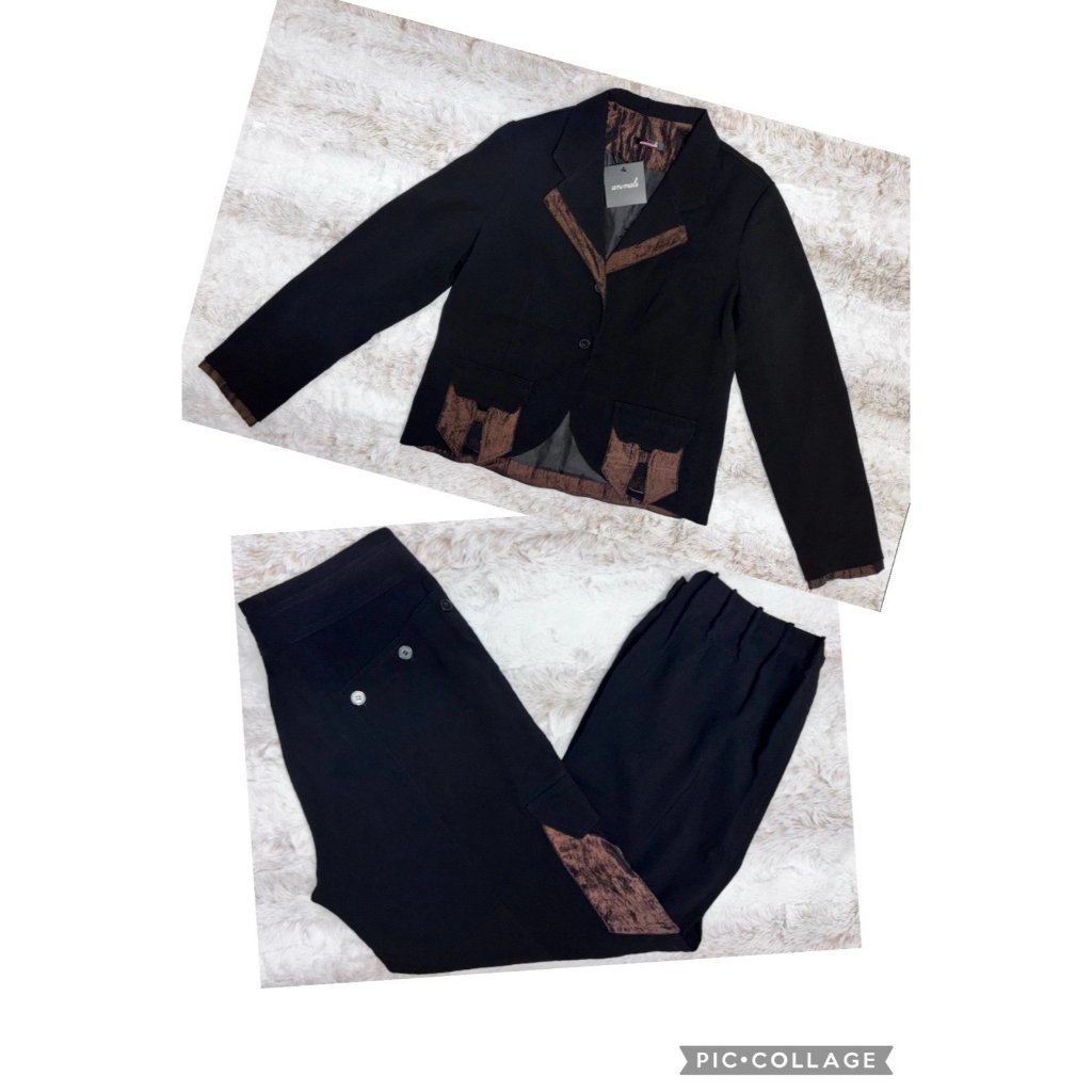 Animale Black Blazer & Pant Set With Brown Trim Pockets Nwt